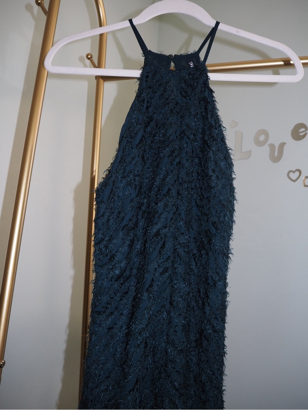 ZARA Deep Emerald Teal Green Textured Eyelash Fringe Halter Maxi Dress XS